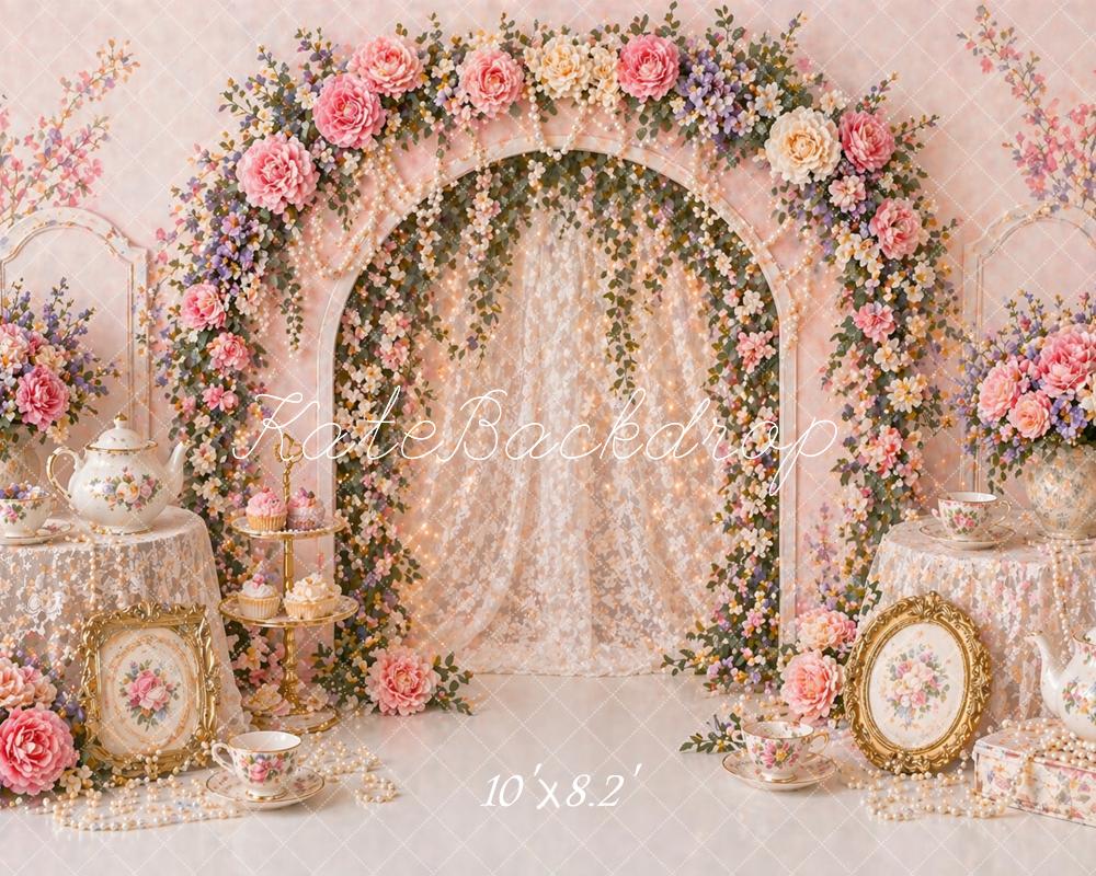 Kate Flower Arch Pink Floral Tea Set Printed Backdrop Designed by Caitlin Lynch