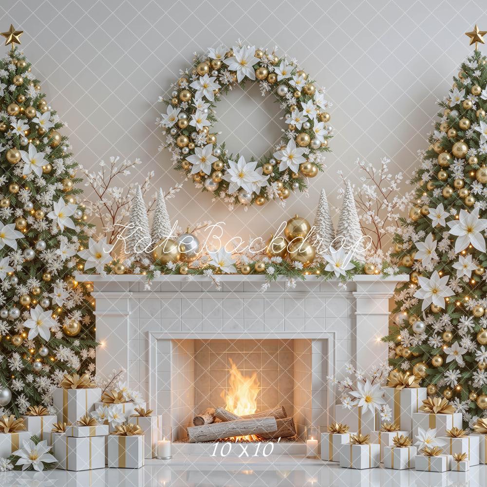 Kate Christmas White Gold Poinsettias Trees Fireplace Wreath Presents Printed Backdrop Designed by Mini MakeBelieve