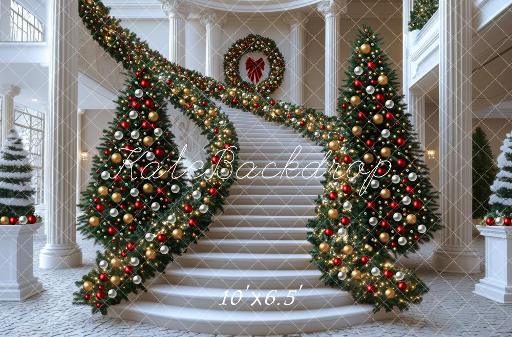 Kate Christmas Cascading Stairs Garland Trees White Backdrop Designed by Mini MakeBelieve