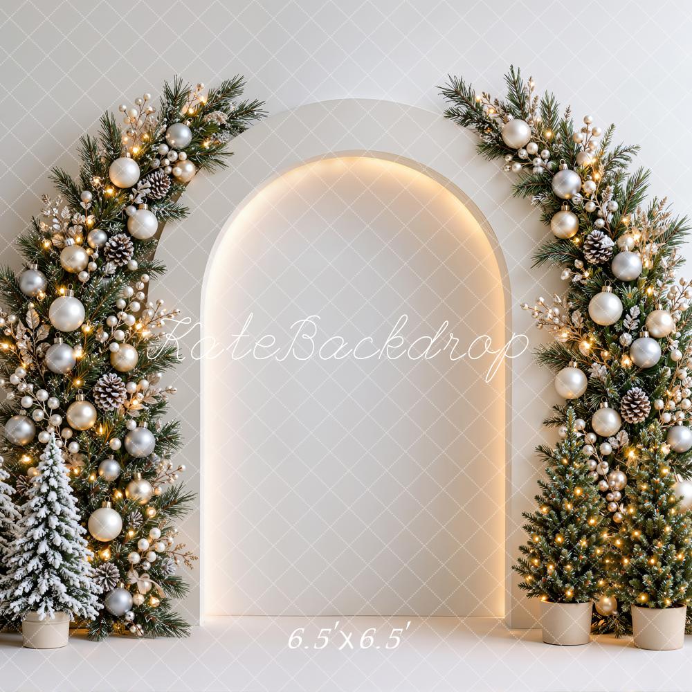 Kate Christmas Garland Arch Snowy Trees White Wall Printed Backdrop Designed by Emetselch