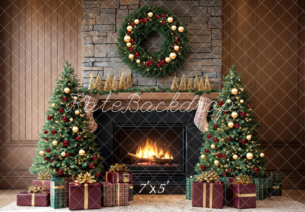 Kate Christmas Tree Brick Fireplace Wreath Brown Backdrop Designed by Mini MakeBelieve