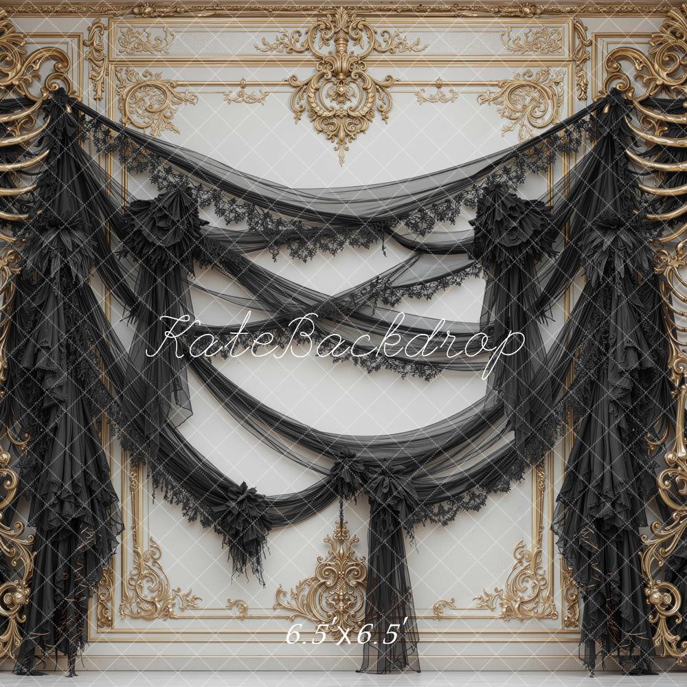 Kate Halloween Black Gothic Drapery Bone Wall Printed Backdrop Designed by Mini MakeBelieve