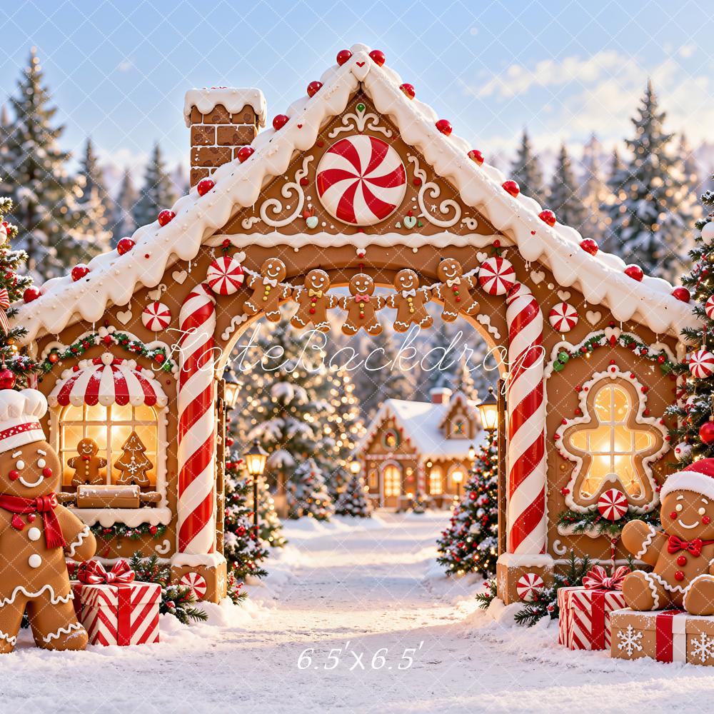 Kate Christmas Gingerbread House Candy Cane Arch Snowy Printed Backdrop Designed by Chain Photography