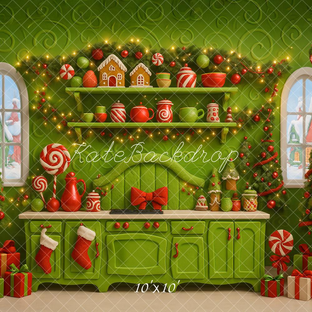 Kate Christmas Green Kitchen Trees Gifts Candy Cane Backdrop Designed by Ashley Paul