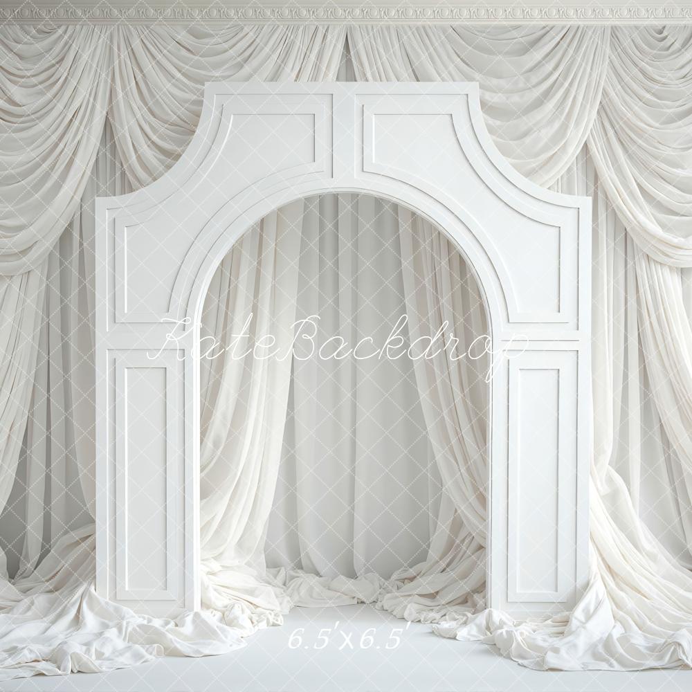Kate White Arch Decorative Panel Draped Curtains Printed Backdrop Designed by Mini MakeBelieve