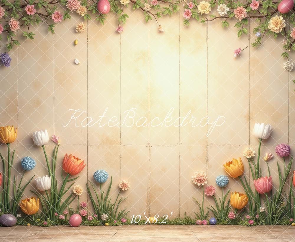 Kate Easter Flower Arch Pastel Eggs Beige Wall Backdrop Designed by Laura Bybee
