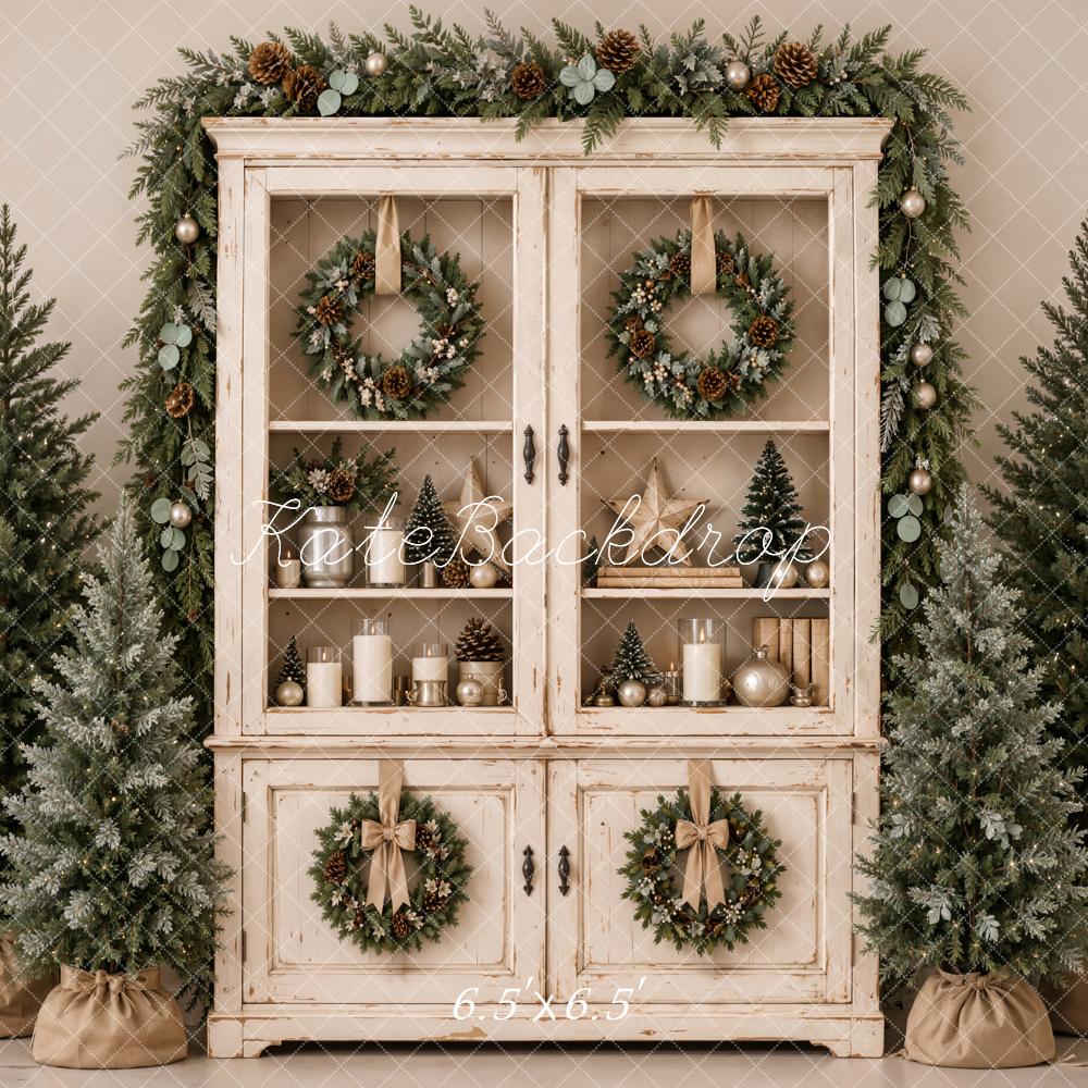 Kate Christmas Vintage Cabinet Wreaths Evergreen Trees Printed Backdrop Designed by Emetselch