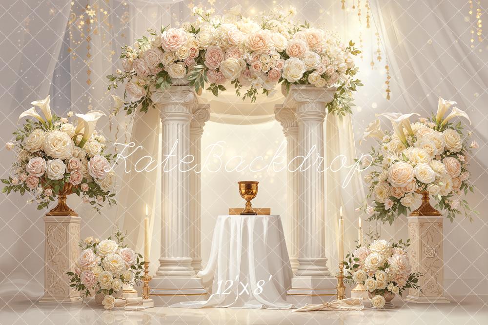 Kate Romantic Flower Arch White Columns Arrangement Printed Backdrop Designed by Chain Photography