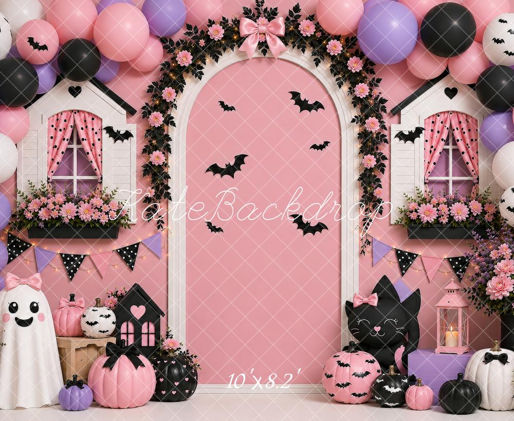 Kate Halloween Party Pink Balloon Floral Arch Cute Ghost Printed Backdrop Designed by Shutter Swan Studios