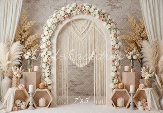 Kate Flower Arch Boho Macrame Candles Pampas Grass Printed Backdrop Designed by Mini MakeBelieve
