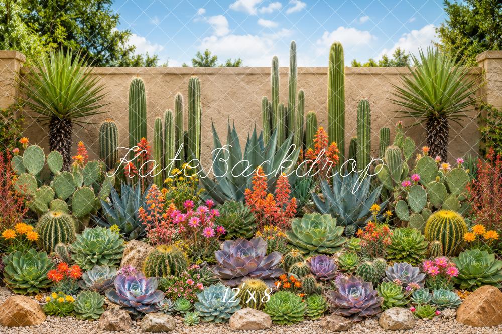 Kate Outdoor Cactus Succulent Garden Stone Wall Printed Backdrop Designed by Megan Leigh Photography