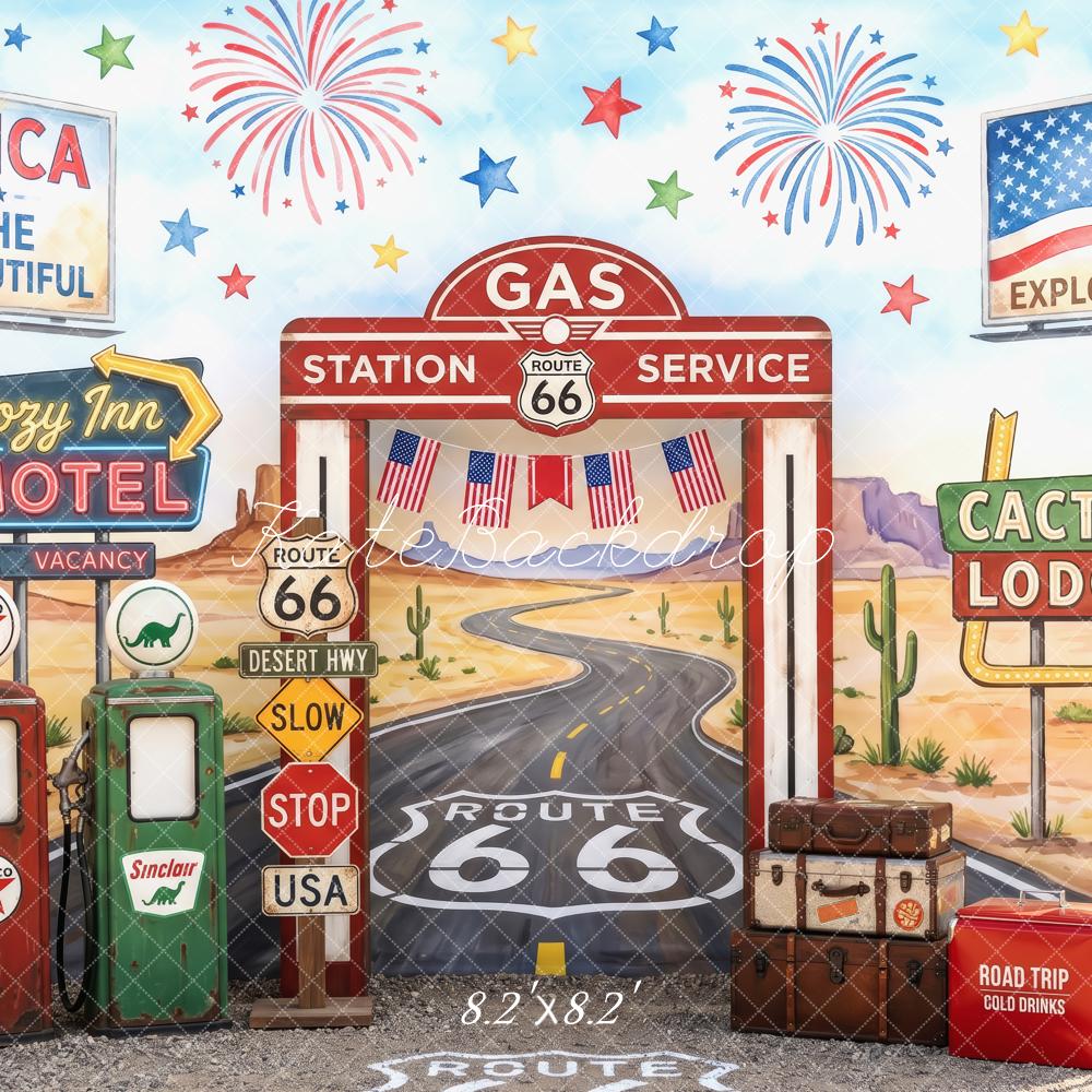 Kate Route 66 Gas Station Desert Motel Fireworks Printed Backdrop Designed by Patty Roberts