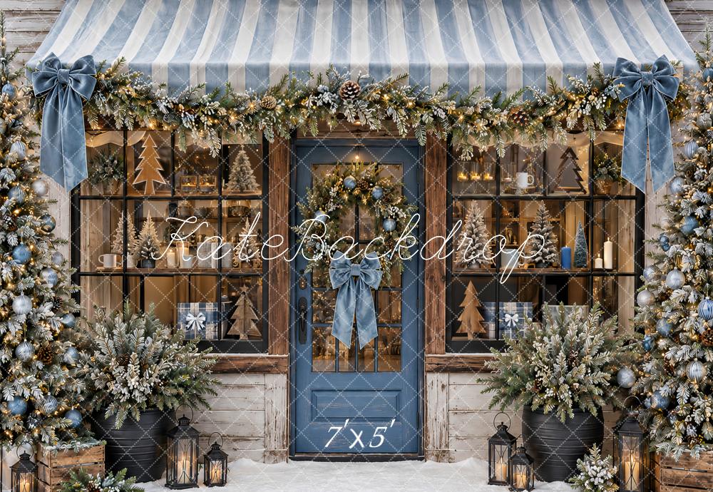 Kate Christmas Blue Storefront Garland Awning Snowy Printed Backdrop Designed by Ashley Paul