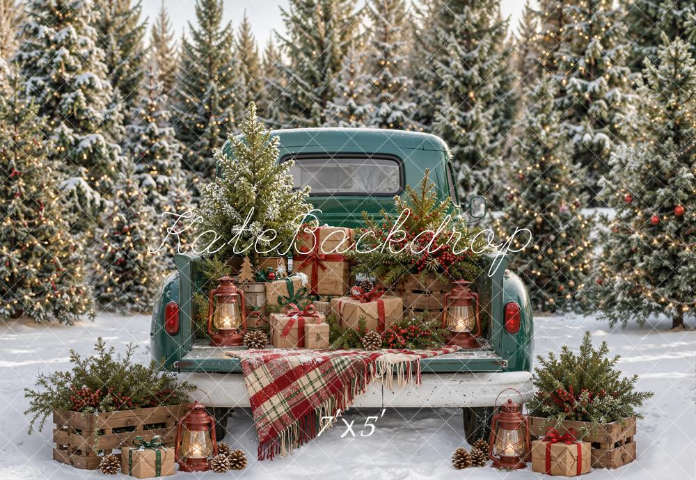 Kate Christmas Truck Gifts Pine Trees Plaid Blanket Snow Printed Backdrop Designed by Emetselch