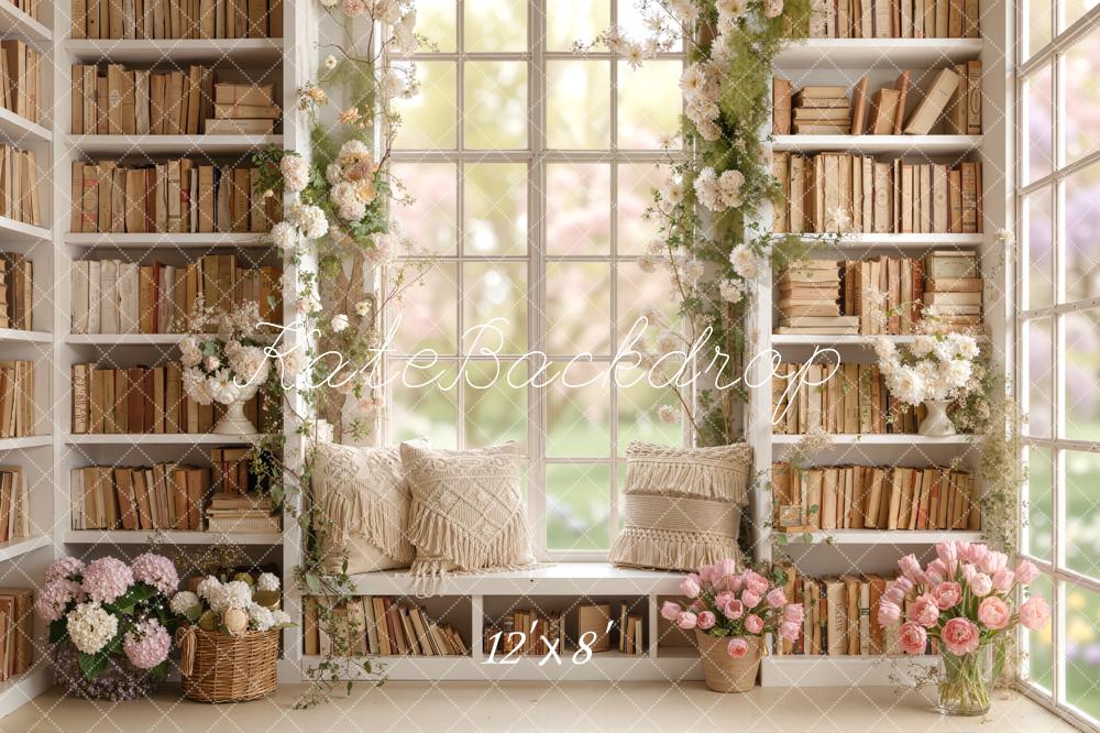 Kate Spring Bookshelf Window Seat Flowers Pillows Backdrop Designed by Emetselch