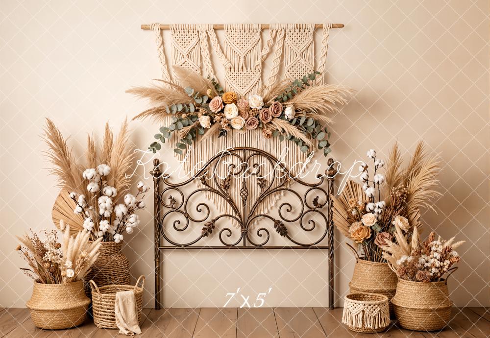 Kate Boho Headboard Macrame Dried Flowers Pampas Grass Beige Backdrop Designed by Emetselch