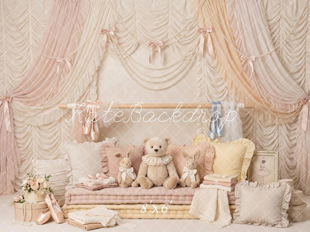 Kate Dreamy Ballet Pastel Drapes Teddy Bear Plush Pillows Printed Backdrop Designed by Patty Roberts