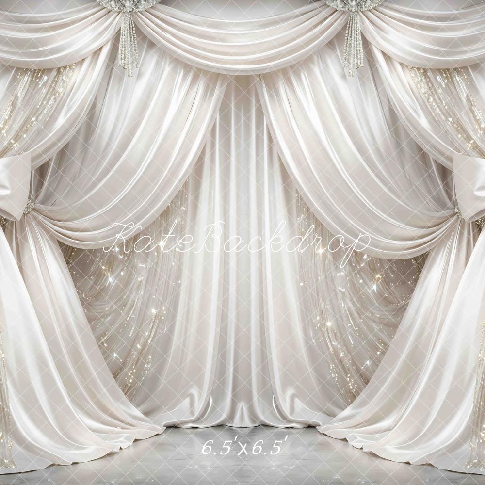 Kate Glamorous White Draped Curtains Bows Sparkle Printed Backdrop Designed by Mini MakeBelieve