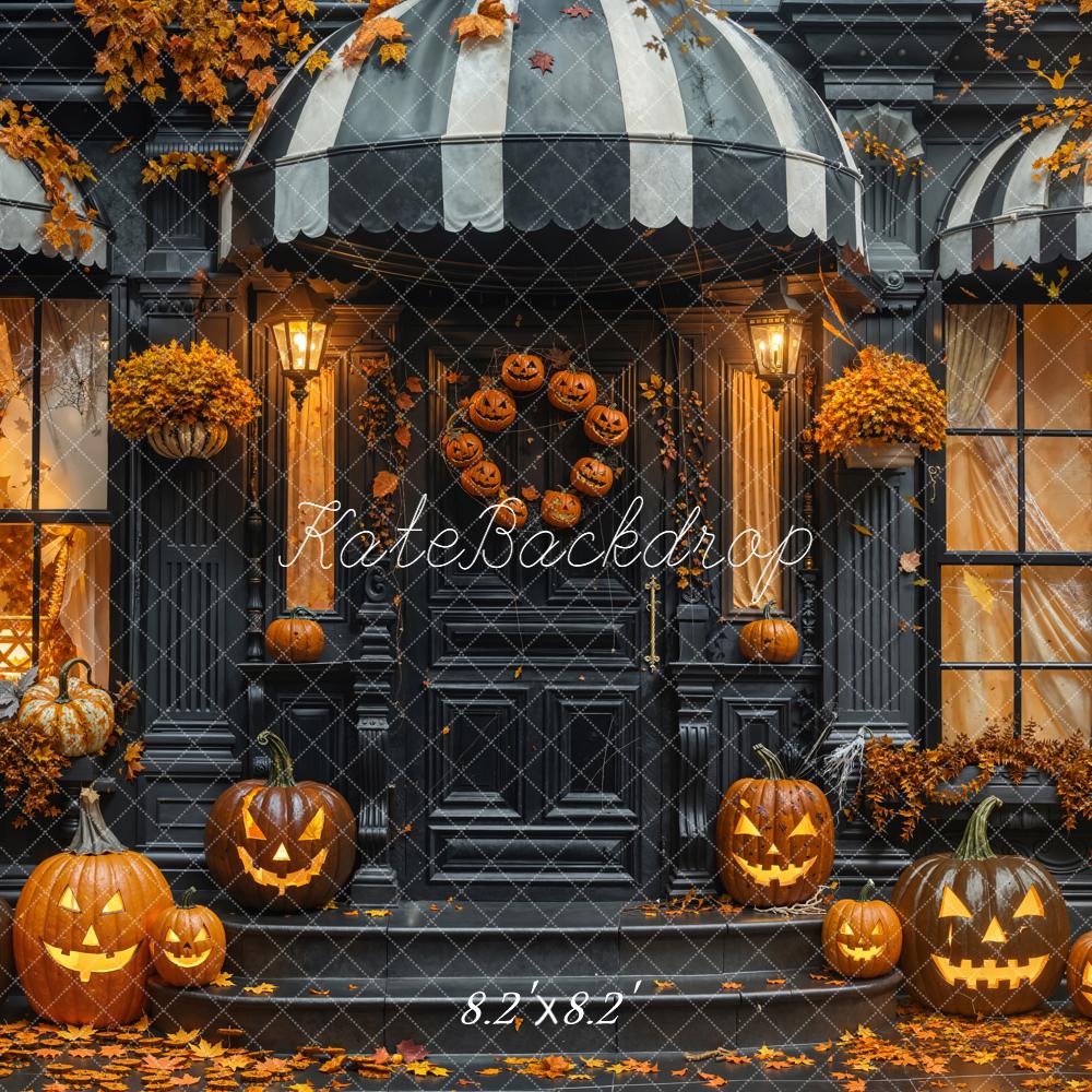 Kate Halloween Pumpkin Doorway Fallen Leaves Black Backdrop Designed by Emetselch