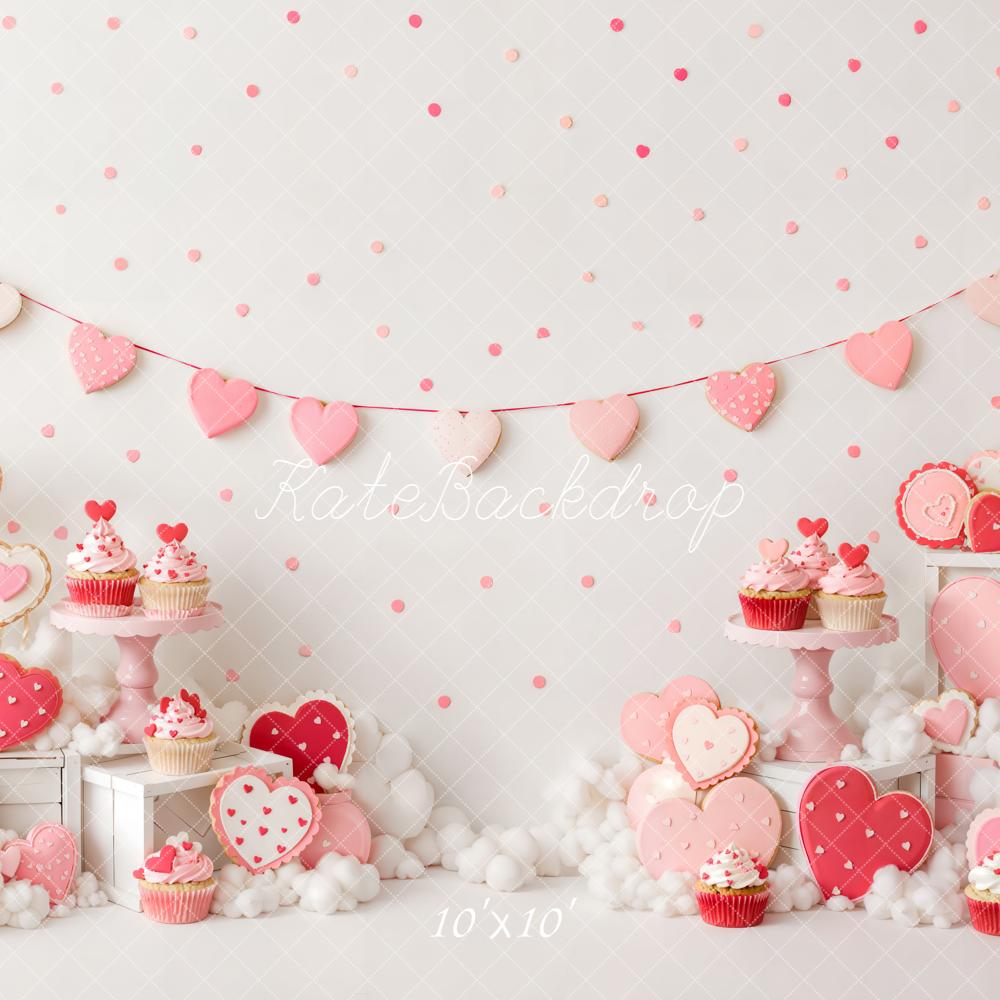 Kate Valentine's Day Birthday Pink Heart Cupcake Dessert Table Printed Backdrop Designed by Emetselch
