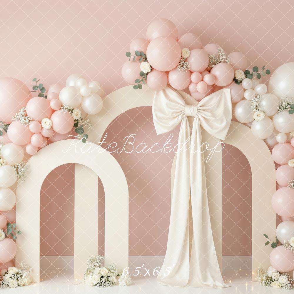 Kate Cake Smash Pink Balloon Arch Bow Flowers Printed Backdrop Designed by Patty Roberts