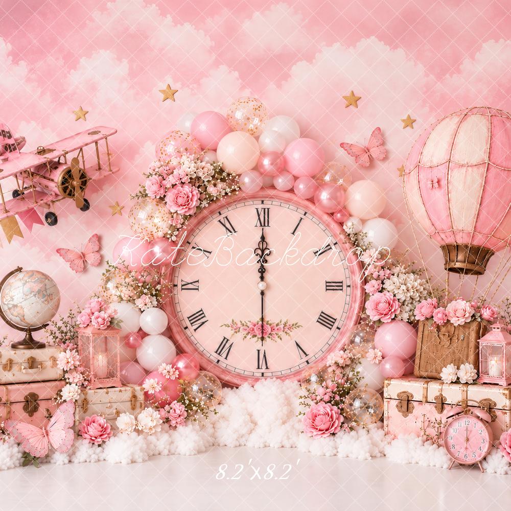 Kate Cake Smash Pink Vintage Clock Floral Hot Air Balloon Travel Printed Backdrop Designed by Ashley Paul