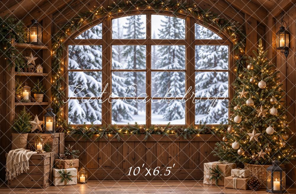 Kate Christmas Rustic Cabin Arched Window Christmas Tree Printed Backdrop Designed by Emetselch