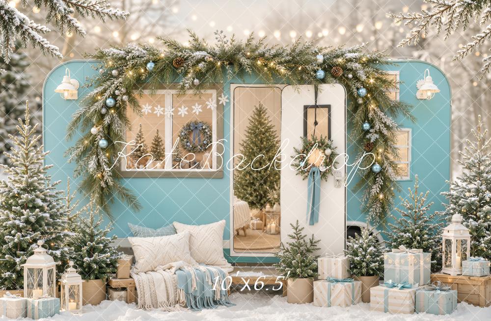 Kate Christmas Blue Camper Garland Trees Gifts Snowy Printed Backdrop Designed by Emetselch