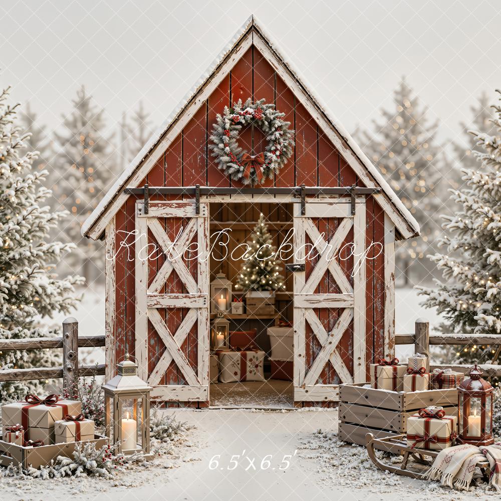 Kate Christmas Snowy Red Barn Wreath Pine Trees Wood Printed Backdrop Designed by Emetselch