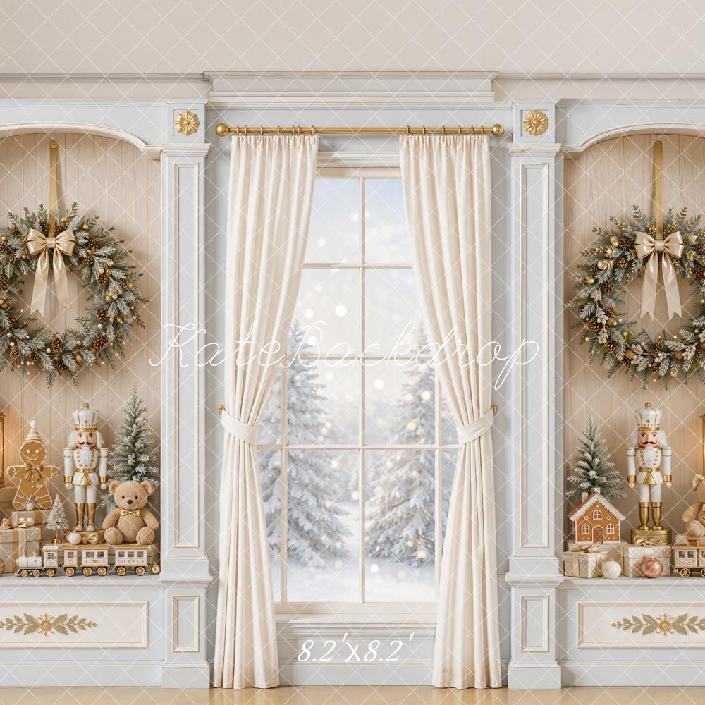 Kate Christmas White Curtains Window Wreath Nutcracker Gingerbread Printed Backdrop Designed by Emetselch