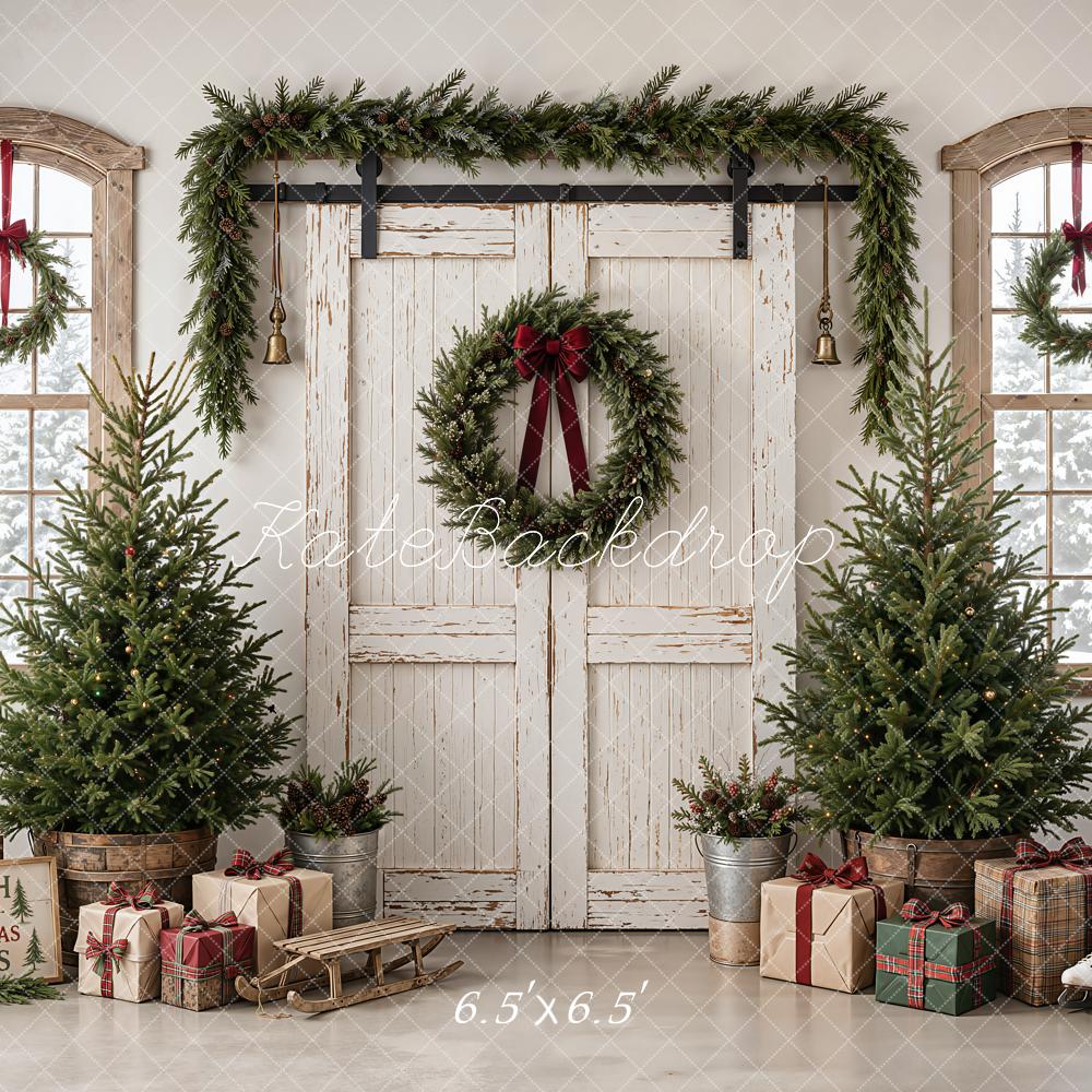 Kate Christmas White Barn Door Trees Wreath Sled Lantern Printed Backdrop Designed by Emetselch