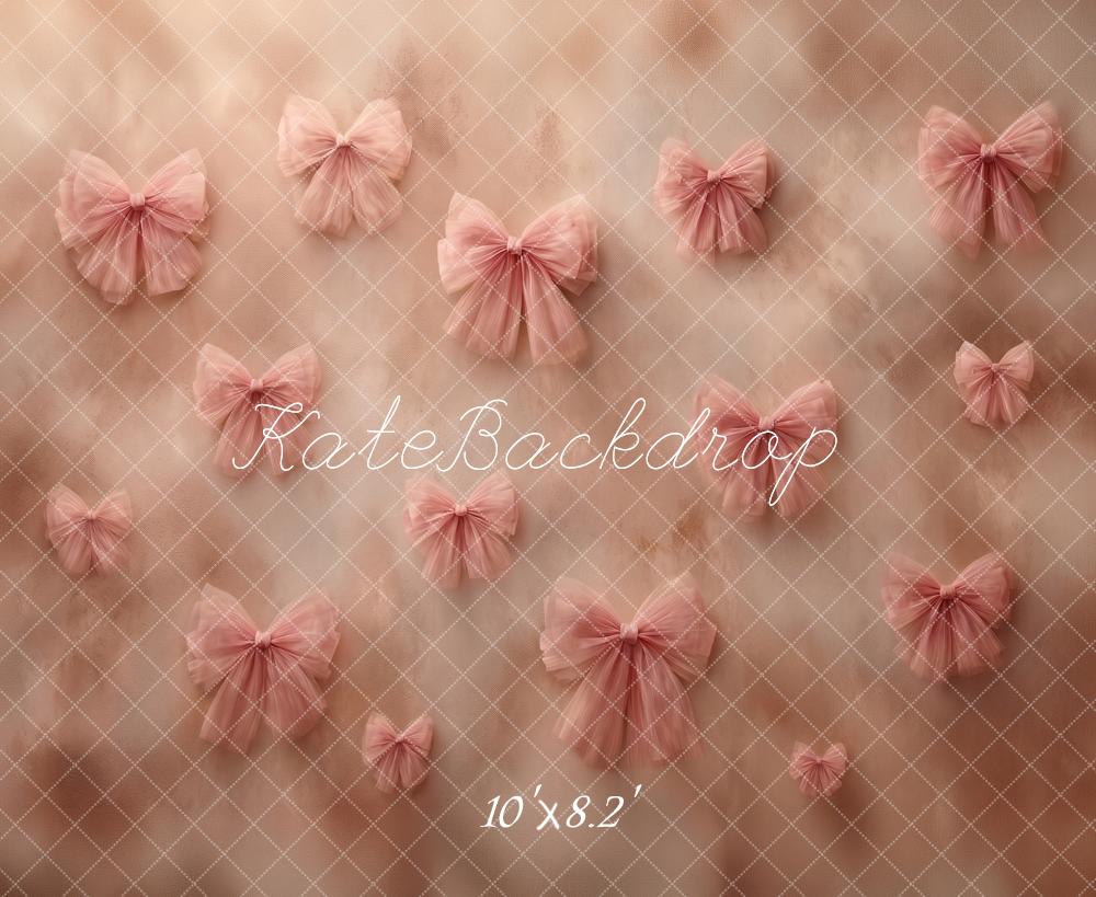 Kate Romantic Soft Pink Bow Tulle Beige Wall Printed Backdrop Printed Backdrop Designed by Angela Miller