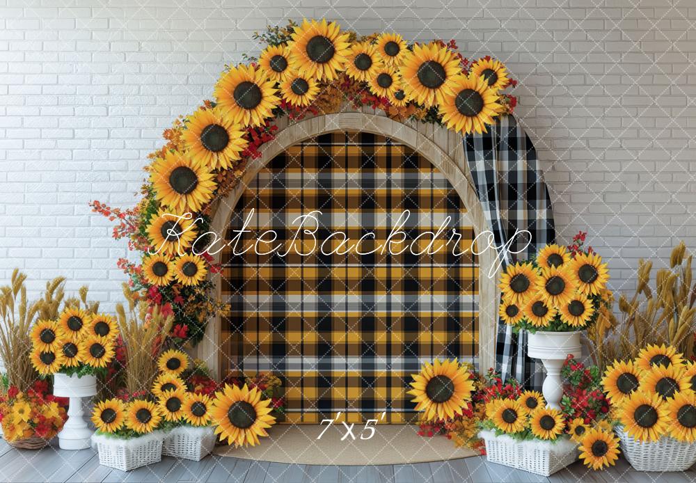 Kate Fall Arch Sunflower Plaid Rustic Backdrop Designed by Mini MakeBelieve