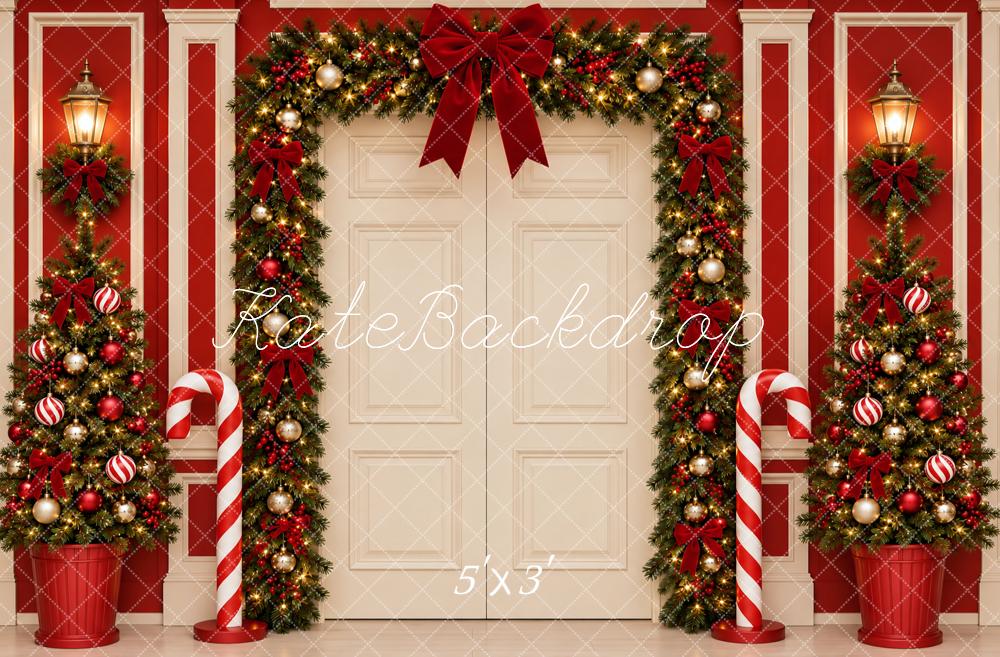 Kate Christmas Door Garland Arch Trees Red Wall Printed Backdrop Designed by Vertigo Productions