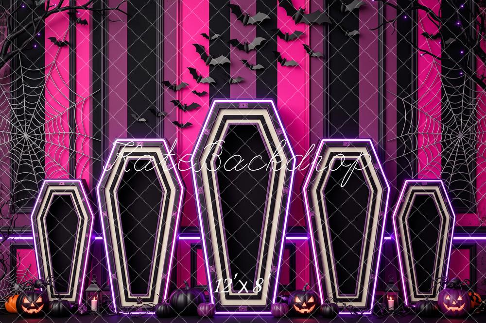 Kate Halloween Neon Coffins Bats Cobwebs Pink Black Printed Backdrop Designed by Patty Roberts