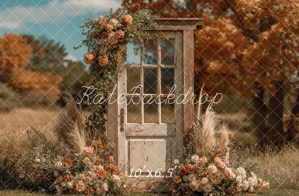 Kate Fall Outdoor Floral Vintage Door Pampas Grass Backdrop Designed by Emetselch