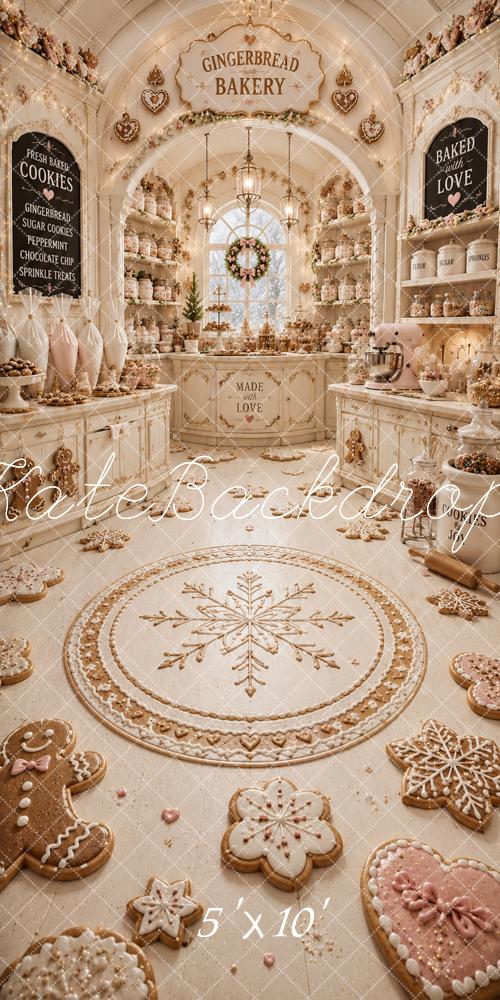 Kate Sweep Christmas Gingerbread Bakery Snowflake Printed Backdrop Designed by Caitlin Lynch