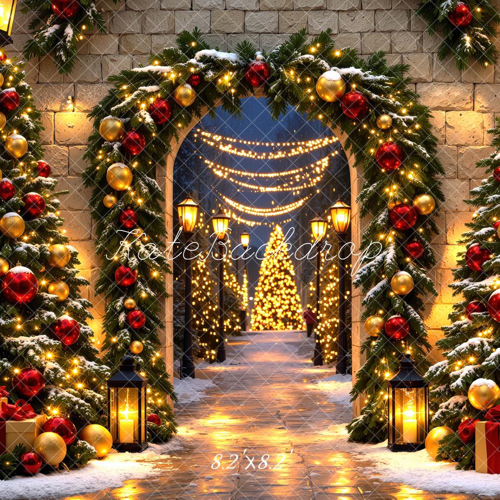 Kate Christmas Tree Archway Snow Ornaments Gifts Lights Printed Backdrop Designed by Mini MakeBelieve