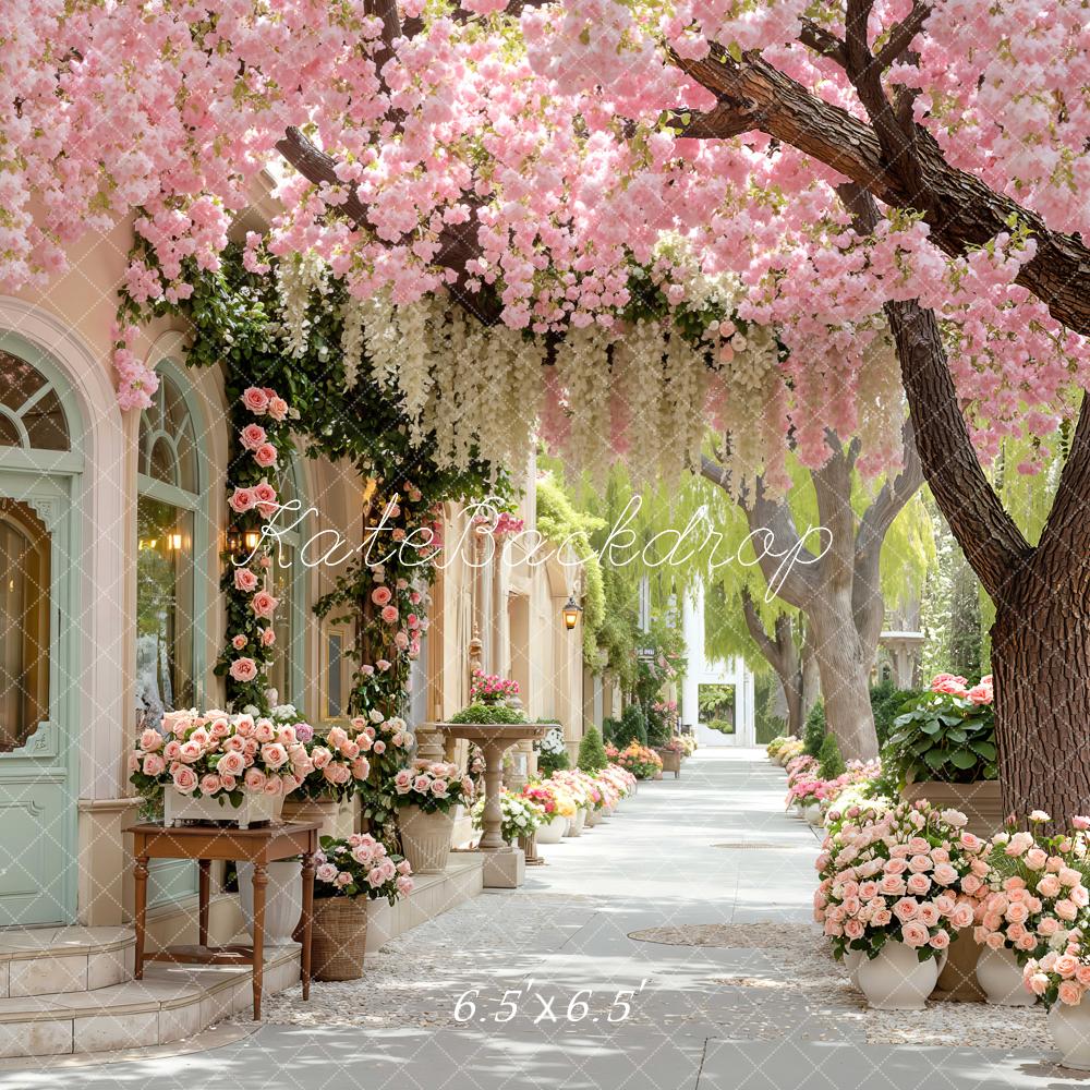 Kate Spring Pink Flower Arch Cherry Blossom Garden Printed Backdrop Designed by Mini MakeBelieve