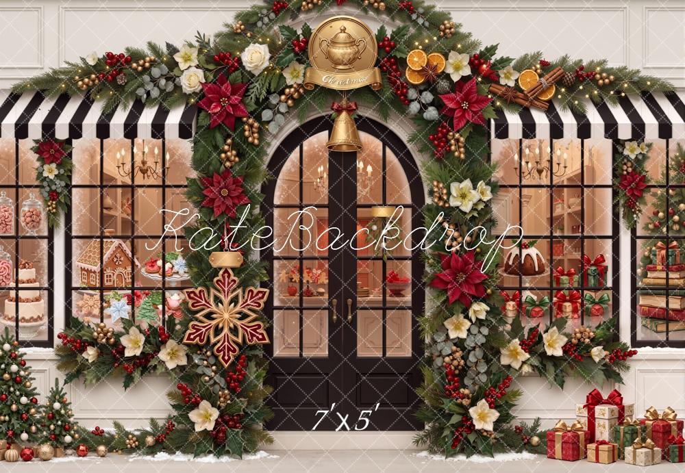 Kate Christmas Shop Front Garland Poinsettia Gifts Printed Backdrop Designed by Chain Photography