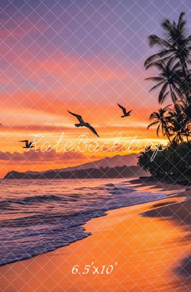Kate Summer Tropical Sunset Beach Palm Trees Seagulls Backdrop Designed by Emetselch
