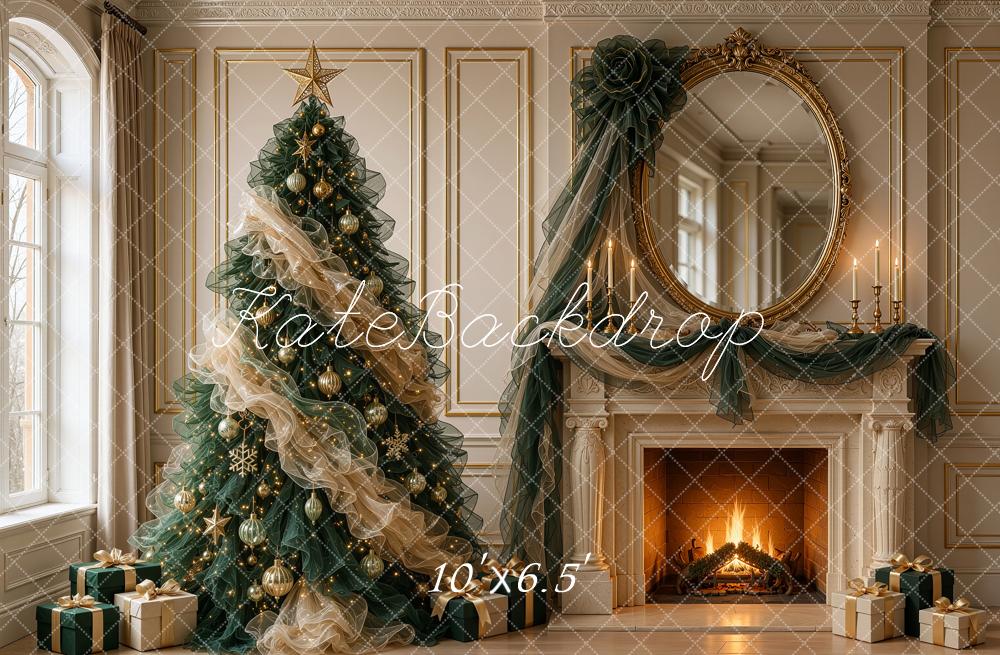Kate Christmas Tree Tulle Fireplace Ornate Mirror Antique Printed Backdrop Designed by Shutter Swan Studios