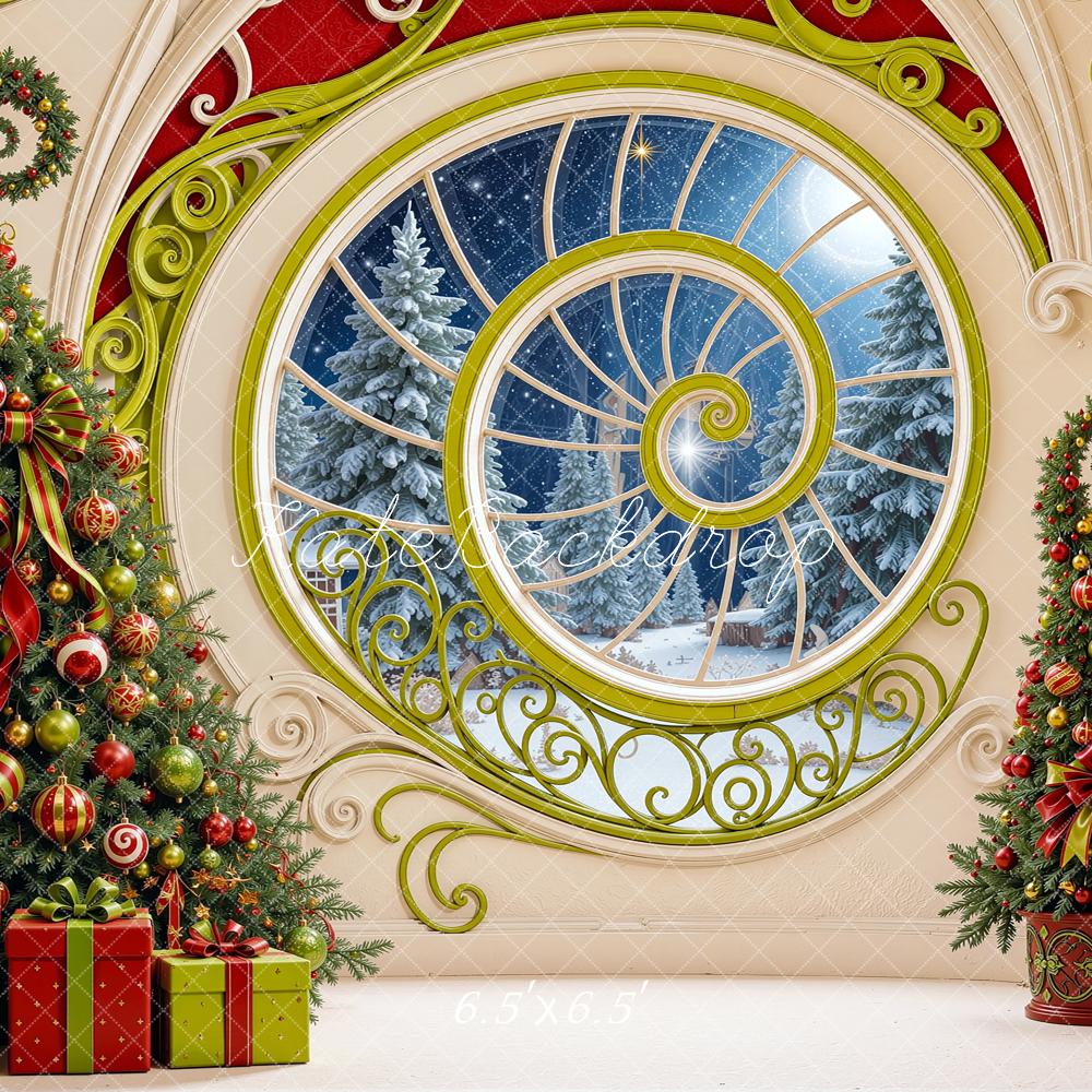 Kate Christmas Elf Spiral Window Decorated Trees Gifts Printed Backdrop Designed by Shutter Swan Studios