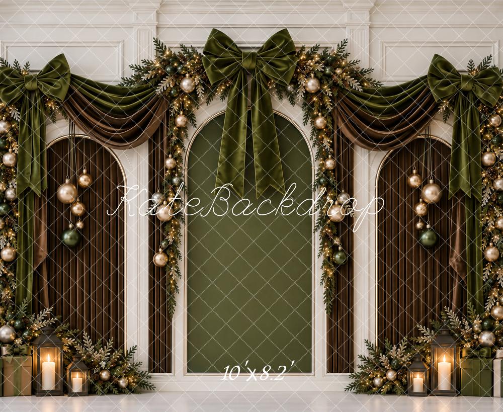 Kate Christmas Arched Wall Green Velvet Bow Garland Printed Backdrop Designed by Ashley Paul