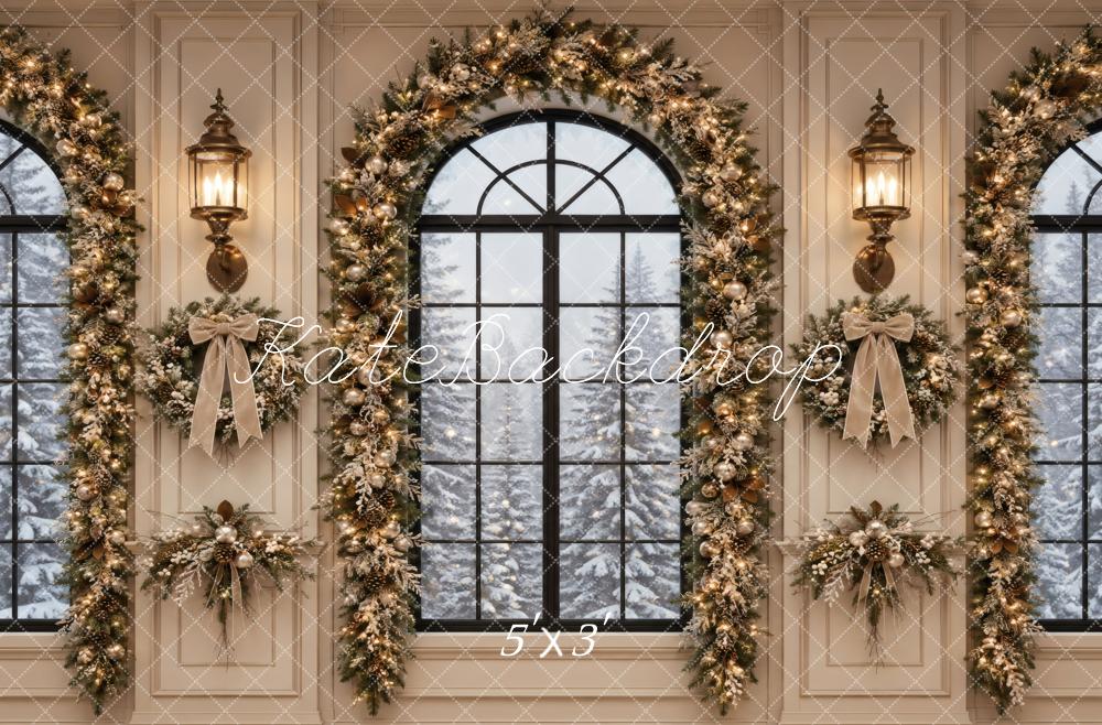 Kate Christmas Elegant Garland Arched Windows Printed Backdrop Designed by Vertigo Productions