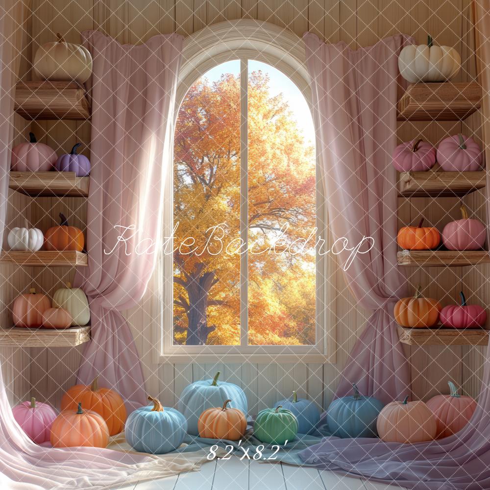 Cortinas de Ventana de Calabazas Pastel Otoñales Estantes Fondo Diseñado por Mini MakeBelieve