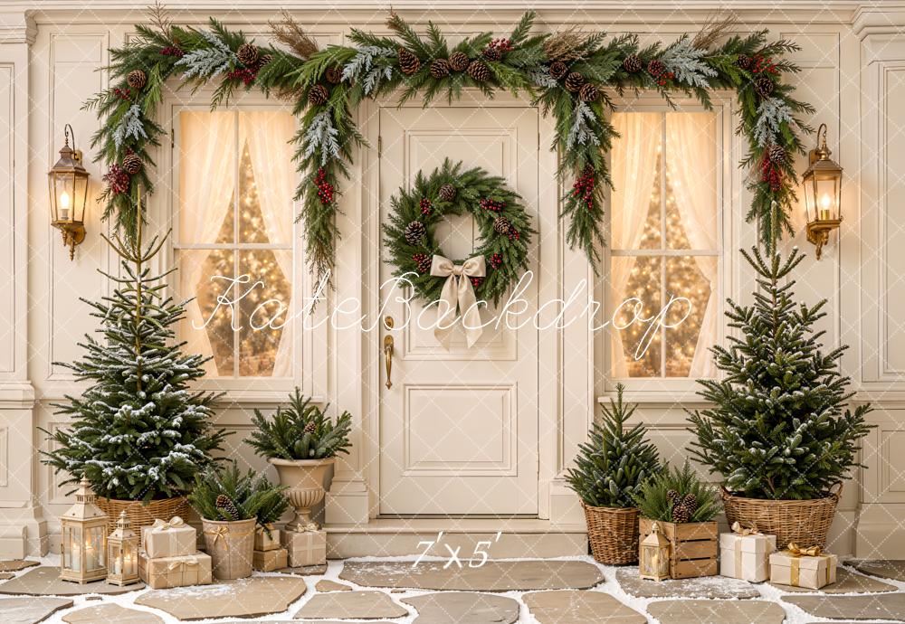Kate Christmas White Doorway Wreath Garland Pine Trees Rustic Printed Backdrop Designed by Emetselch