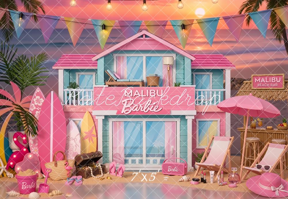 Kate Fashion Doll Malibu Beach House Surfboards Palm Trees Sunset Printed Backdrop Designed by Emetselch