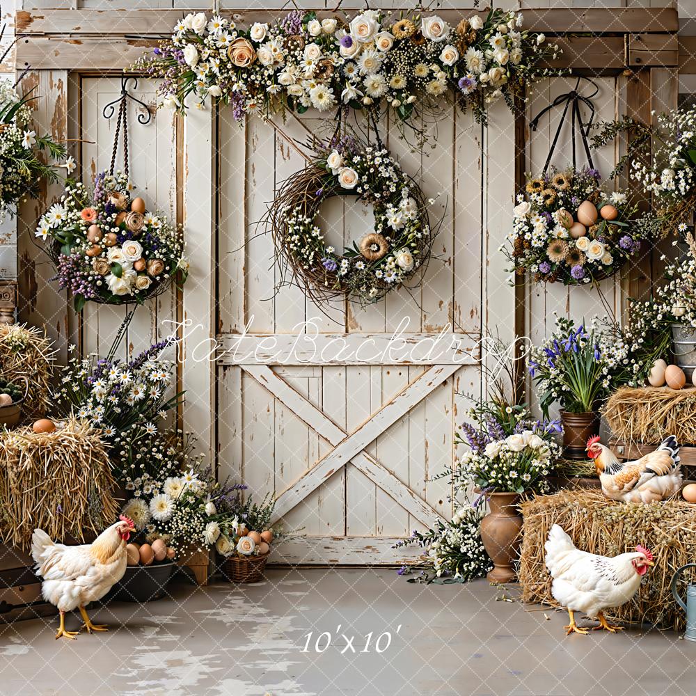Kate Easter Rustic White Barn Chicken Hay Eggs Flowers Backdrop Designed by Emetselch