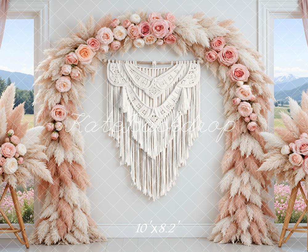 Kate Mother's Day Flower Arch Pink Pampas Macrame Printed Backdrop Designed by Mini MakeBelieve